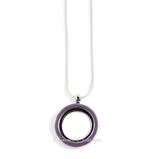 Floating Charm Memory Locket Necklace Purple Enamel 30mm With Chain