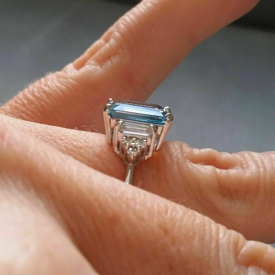 4 karat Blau Smaragd Drei Stein Verlobungsring Jubiläum Ring Weißgold-Finish - Bild 4 von 4