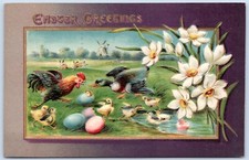 Postcard Easter Greetings Rooster Mallard Duck Chicks Ducklings Eggs HE09