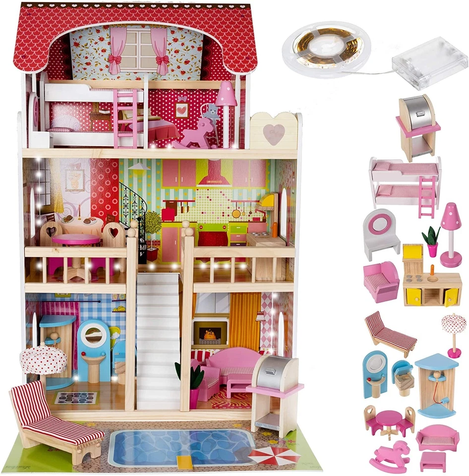 Gigante Casa Casetta delle Bambole h 90cm in Legno con Mobili e Luci a Tre Piani - Immagine 3 di 4