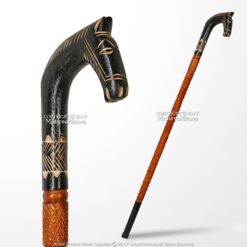 36" Polished Handcrafted Eucalyptus Wooden Walking Stick Cane with Horse Handle - Afbeelding 1 van 1