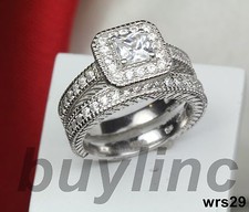 2.3C PRINCESS CUT VNTG PAVE STERLING SILVER CZ ENGAGEMENT RING WEDDING RING SET