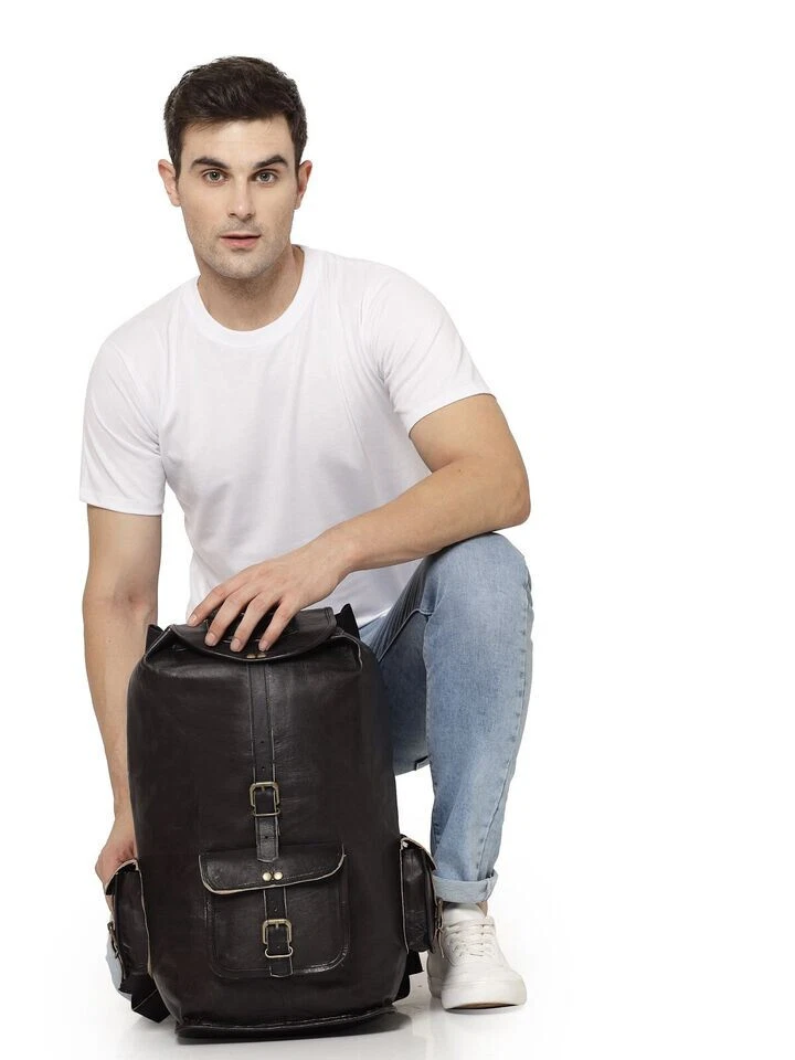 Grand sac à dos vintage pour homme en cuir noir véritable 18" sac à dos de vo... - Photo 4/4