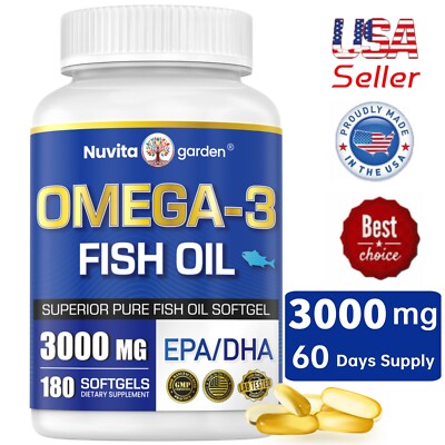 3000mg Omega-3 Fish Oil Supplement (180 Softgels) Heart Health Support with EPA 
