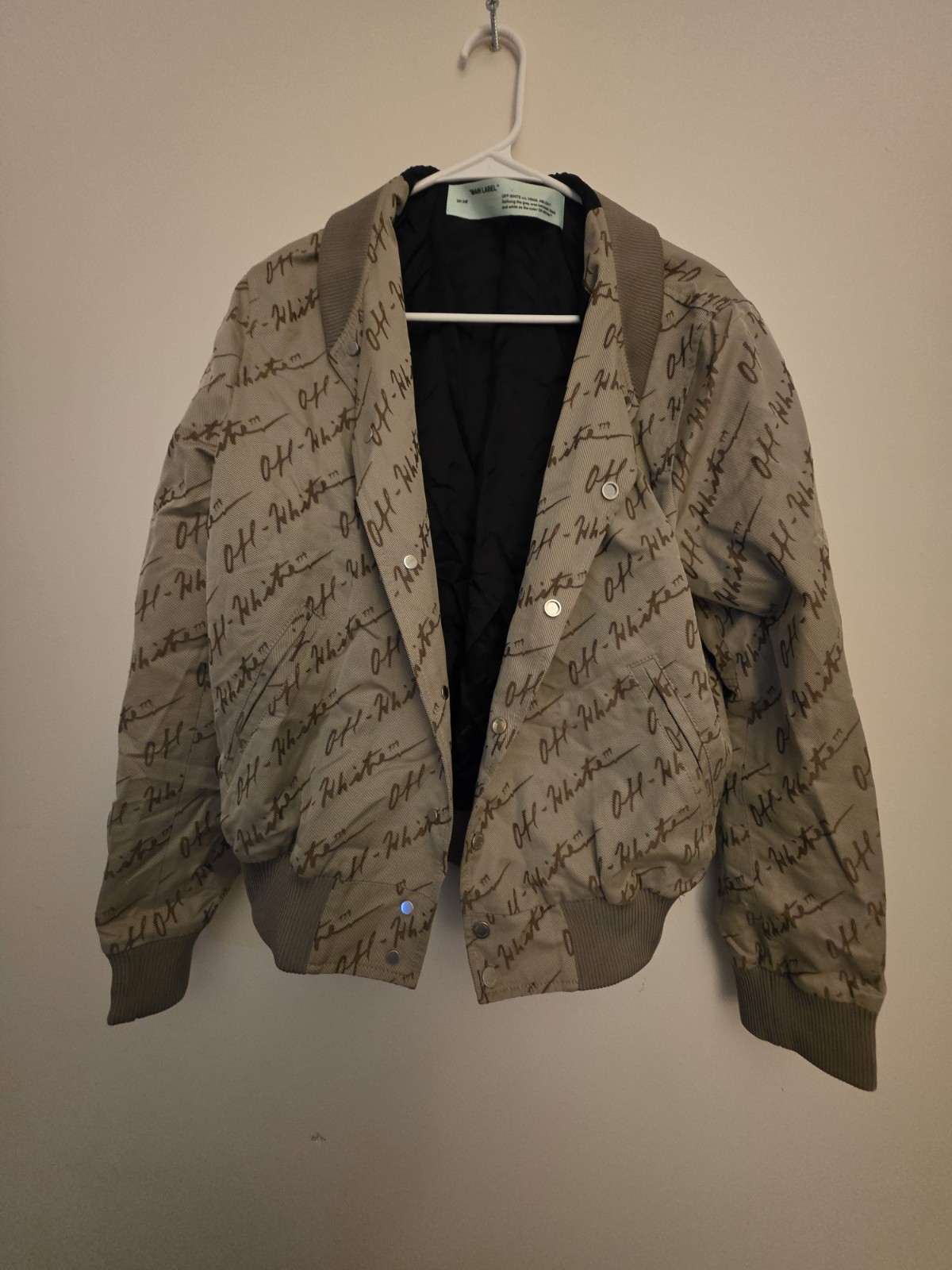 Off-White Logo Print Button Bomber Jacket Beige B… - image 1