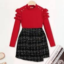 Two Piece Plaid Skirt Long Sleeve Ribbed Top Outfit GIRLS US Size 8Y Ruffle