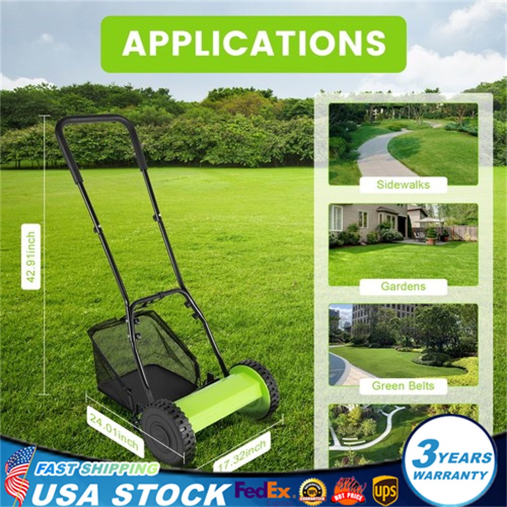 18-Inch Manual Lawn Mower 5-Blade Push Reel Lawn Mower with Grass Catcher Green
