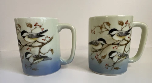 Otagiri Japan Chickadee Birds Set Of Coffee Tea Mugs 10oz Blue Cream Vtg