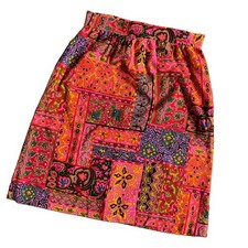 60s 70s Vtg Dayglo Barkcloth Skirt Psychedelic Patchwork THC Hawaiian Textiles