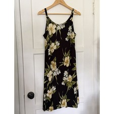 Iolani Hawaii Vintage 80s 90s Cream Black Yellow Floral Hibiscus Print Dress M