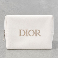 Christian Dior White Canvas Cosmetic Makeup Bag Gold Zip Around Pouch NWOT