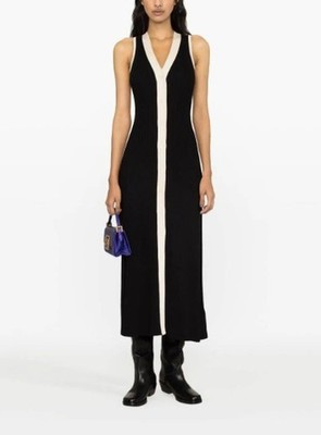 Sandro V Neck Midi Dress Black Ecru Ivory Size 34/0 XS Knit