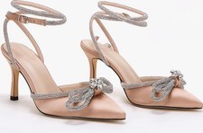 NEW Size 7 Satin Ankle Strap Heels Double Bow Crystal Wedding Bridal Vetaste