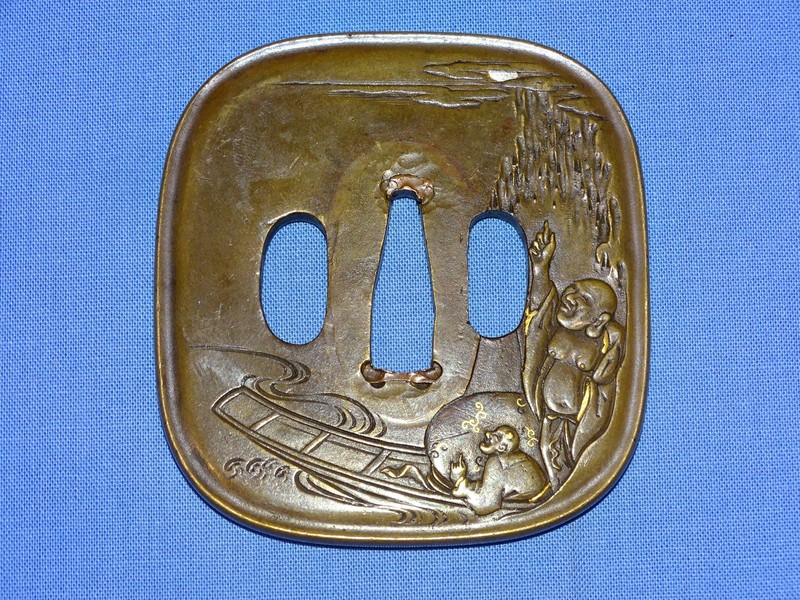 Japanese Samurai Sword Guard TSUBA, Soft Metal, Bronze w/Fine Inlay (#14)