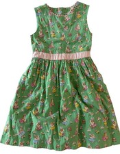 Mini Boden Girls Green Garden Bunnies Dress With Pink Tie Size 11/12 100 Cotton
