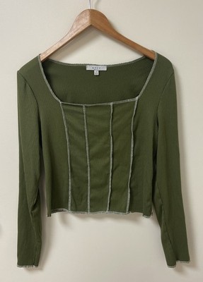 Gaze Olive Green Long Sleeve Ribbed Stretch Top Women s Exposed Seam M Shirt