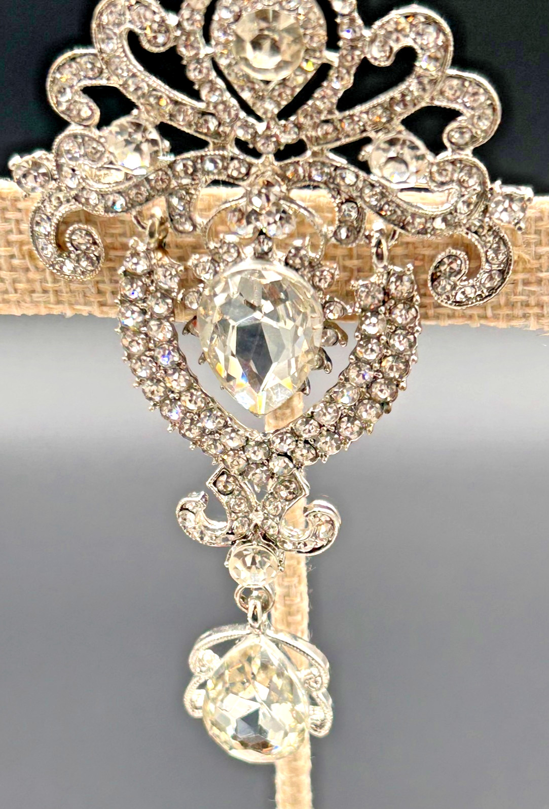 Vintage Silver Tone Clear Rhinestone Dangle Brooch Statement Bridal Wedding Pin