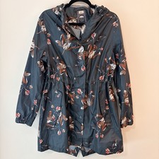 Joules Right as Rain Floral Blue-Gray Hooded Waterproof Jacket Coat Womens US 10