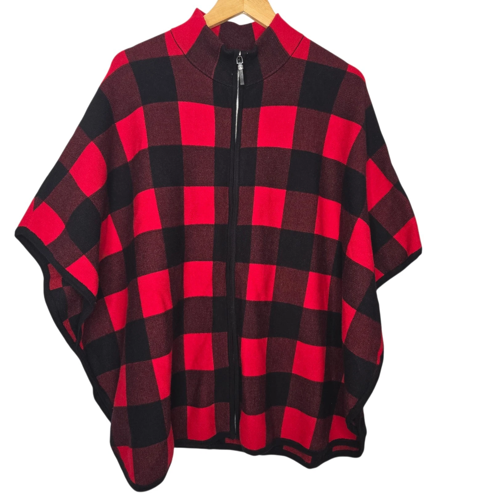 Nicole Miller Womens Red Buffalo Plaid Full Zip Knit Shrug Poncho Size L / XL
