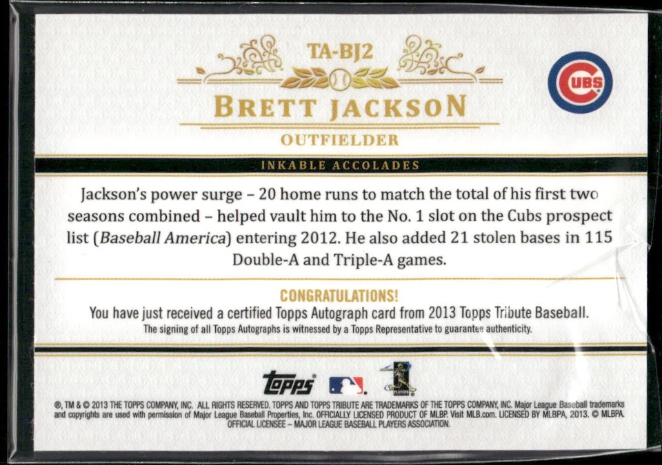 #TA-BJ2 Brett Jackson 2013 Topps Tribute #/50 Autographs Blue - Image 2 of 2