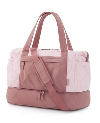 Puffer Duffle Bag for Travel, 33L Gym Bag for Women with Shoe Dull Pink