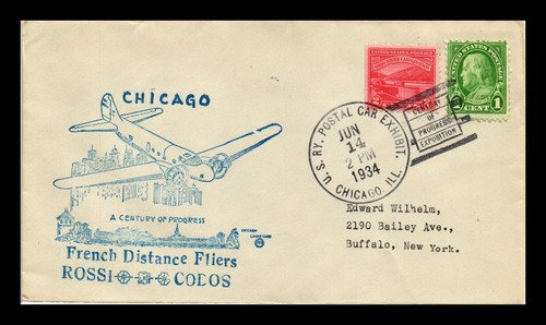 US COVER RAILWAY POSTAL CAR EXHIBIT CHICAGO CENTURY OF PROGRESS SLOGAN CANCEL