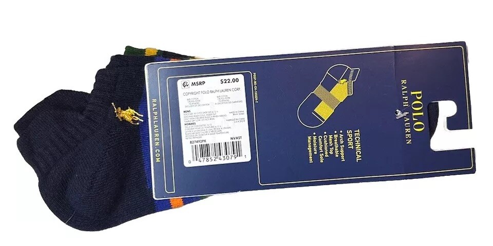 Calze uomo Polo Ralph Lauren 3 PR TECNICHE SPORTIVE A RIGHE BASSE NUOVE CON ETICHETTE PONY