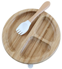 Baby Bamboo Suction Plate with Fork in White, Toddler plate