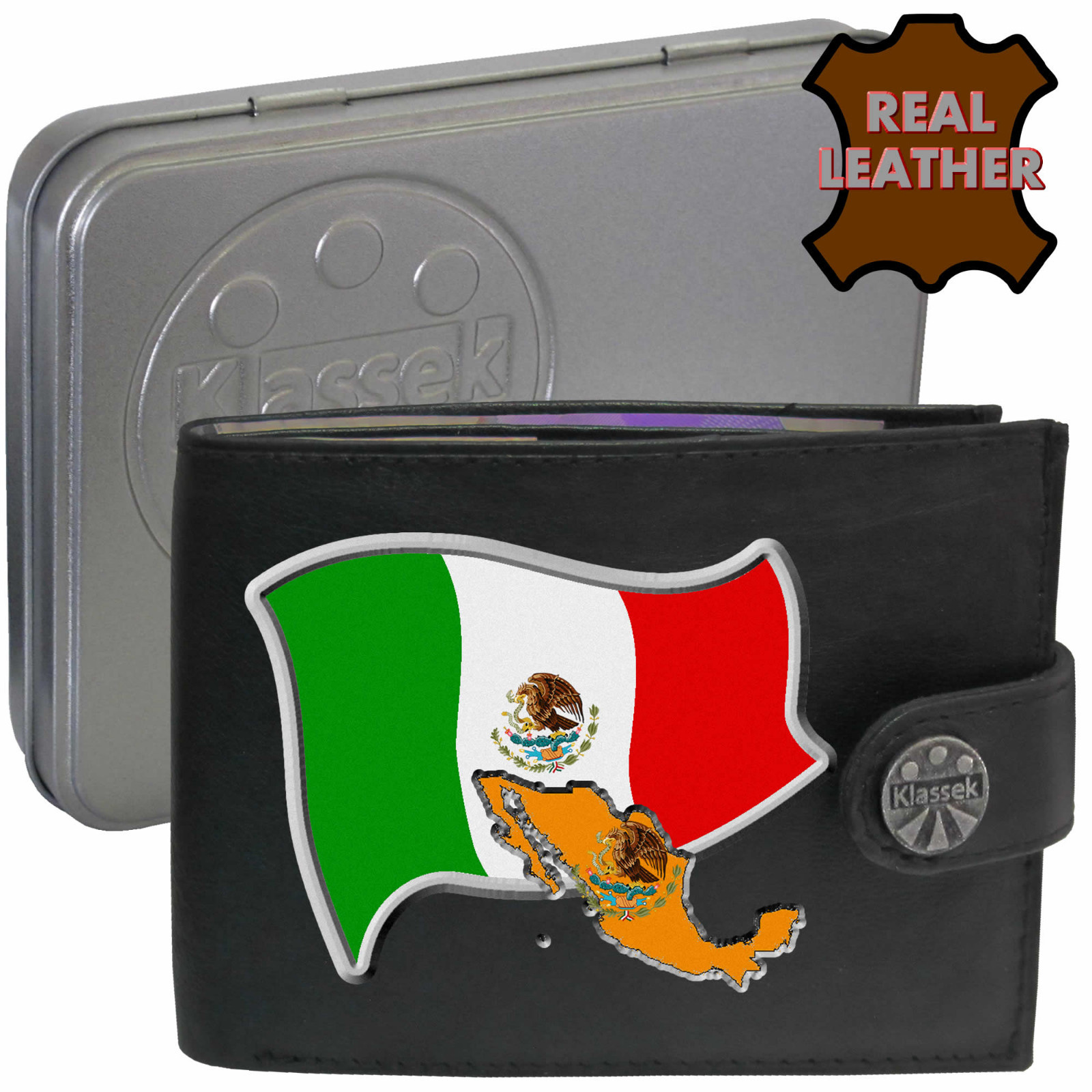 Mexico Mexican Flag Wallet Soft Leather Map Emblem Men's Gift Tin RFID Klassek