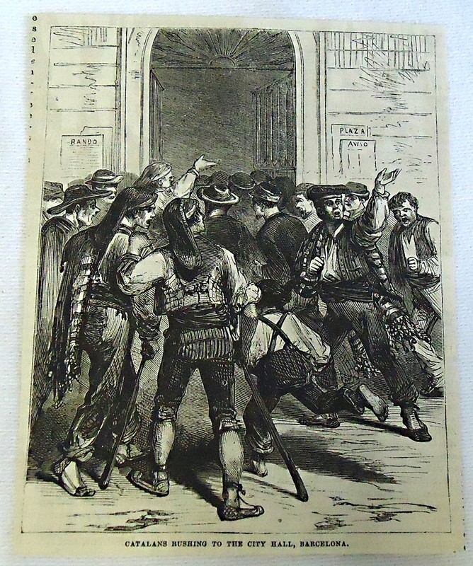 1882 magazine engraving ~ CATALANS RUSHING TO CITY HALL, BARCELONA Spain