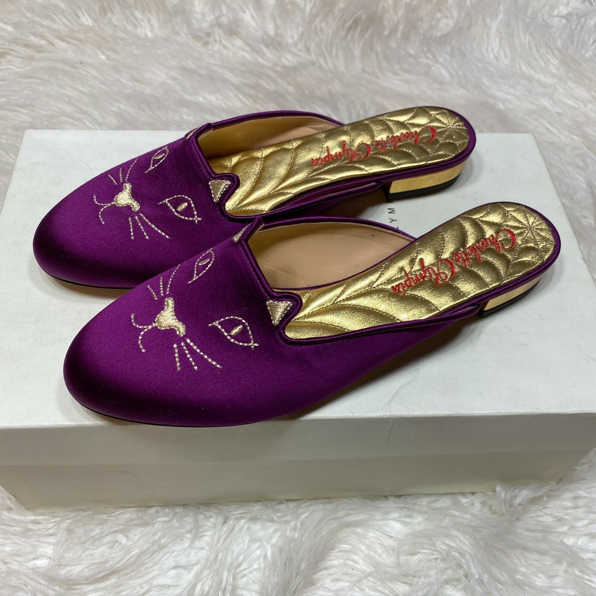 Charlotte Olympia Kitty Satin Slides Mules Kitten Flats | eBay