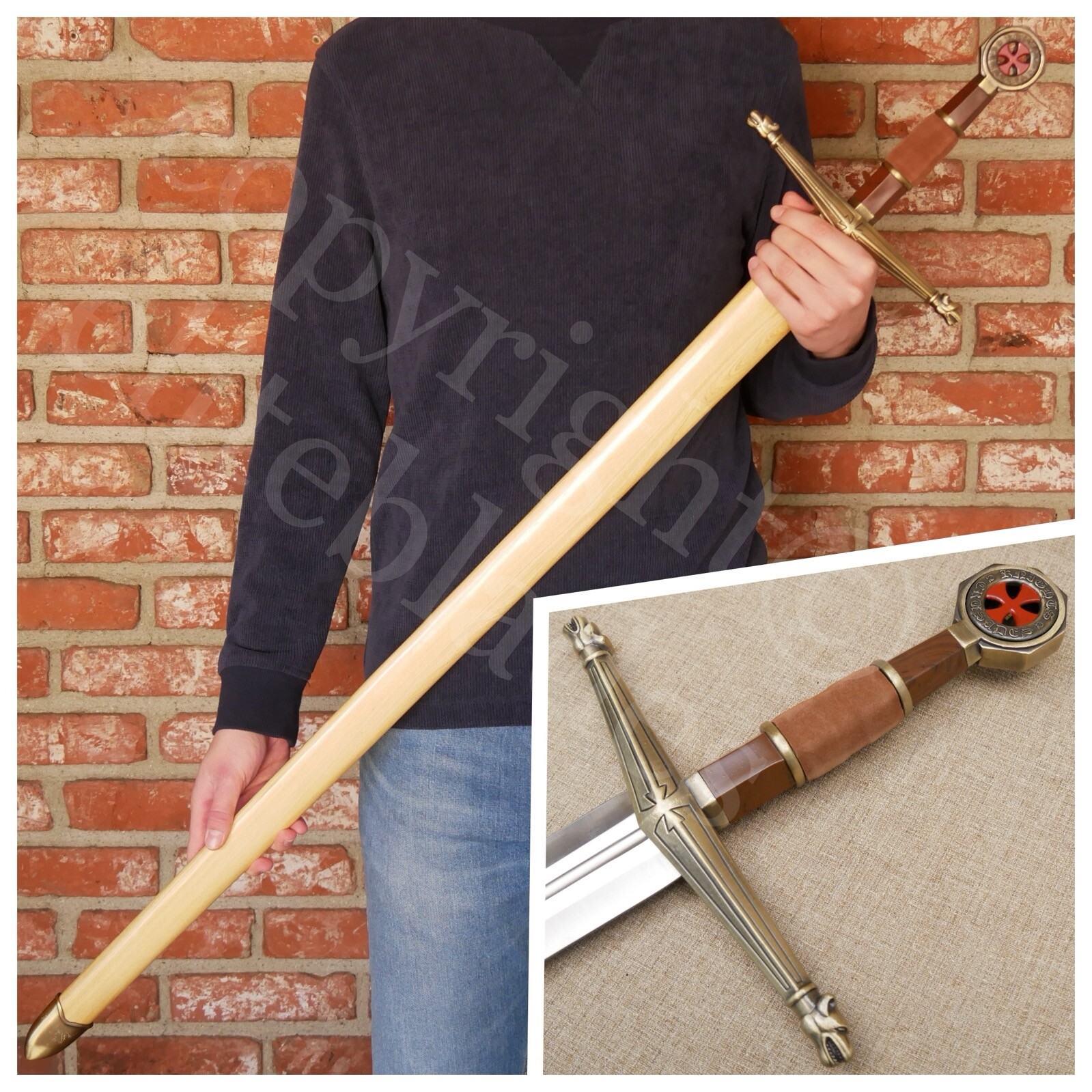 48" Medieval Crusader Knight Sword with Scabbard and Red Cross Pommel