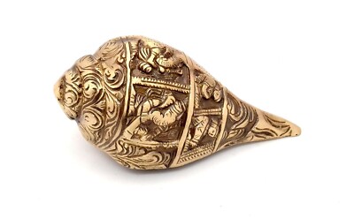 Two Moustaches Ganesha Carving Brass Shankh  for Pooja, Mandir Decorations Items