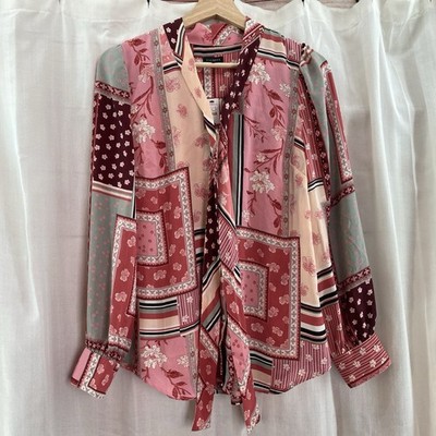 NWT Talbots Womens XS Patchwork Print Tie Neck Blouse Shirt Top Long Sleeve