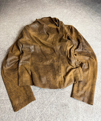 Vintage Distressed Leather Cropped Jacket Brown Avant Garde Asymmetrical Style