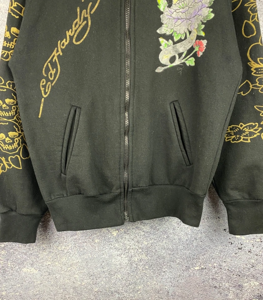 Sudadera con capucha vintage Y2K Ed Hardy negra con cremallera para mujer talla M Foto 4 de 4