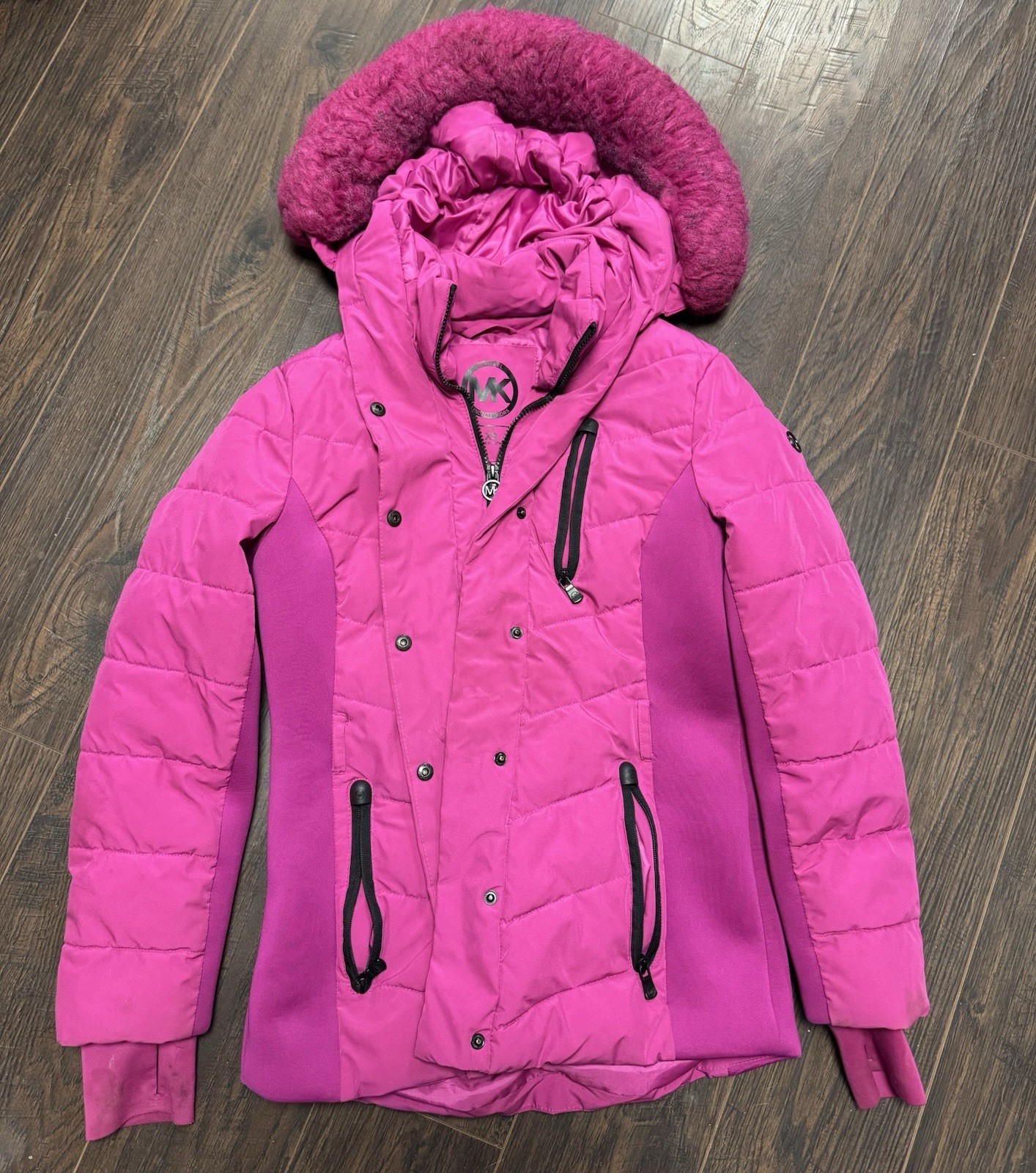 Michael Kors Hot Pink Puffer Jacket With Fuzzy Hood Size Adult XS READ DESCRIPT