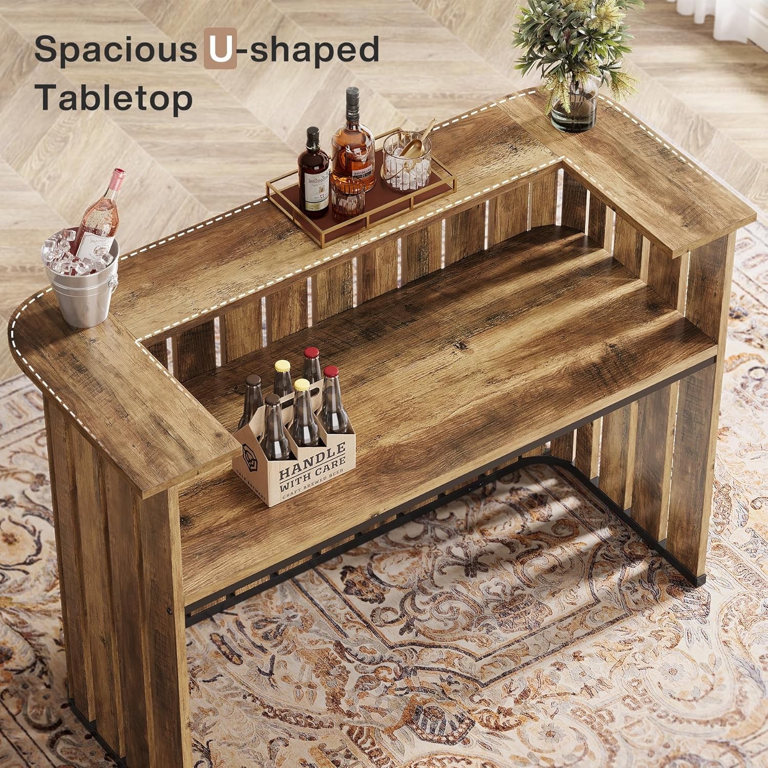 Home Liquor Bar Table, 2-Tier Farmhouse Mini Bar Table for Home Pub, Bistro