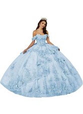 Blue Off-Shoulder Floral Tulle Long Ballgown Prom Dress Corset Bow Zip S