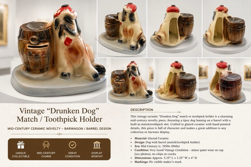 Vintage McCoy-Style Drunken Dog Ceramic Match / Toothpick / Bank / Barware