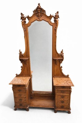 Antique French Victorian Walnut Cheval Mirror Vanity w Marble Tops