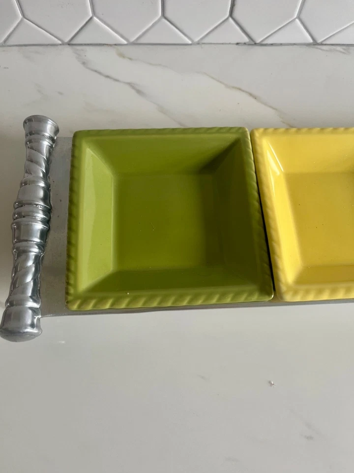 Reed & Barton Bannister Metal Rectangular Serving Tray with Ceramic Dishes 15.5" - Image 3 of 4