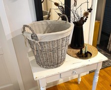 Echt Rattan Weidenkorb mit Stoffeinlage Vintagedeko Brocante grau TOP