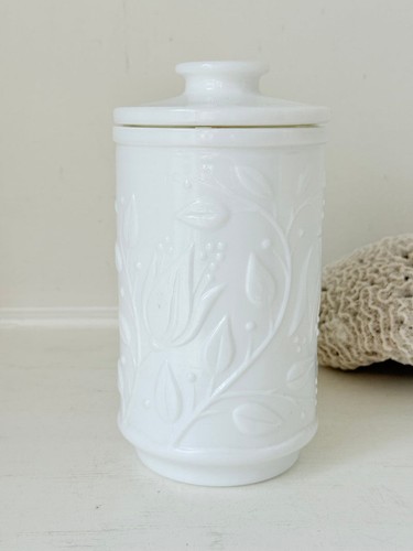 French Opale Glass Jar with Embossed Floral Design