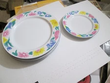 4 Newcor Painters Palette Dinner Plates Colorful floral Rim 10 3/4" bonus salad