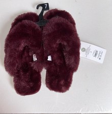 JOYSPUN Burgundy Faux Fur Slide Slippers Women s Size 7 Slip On Flat