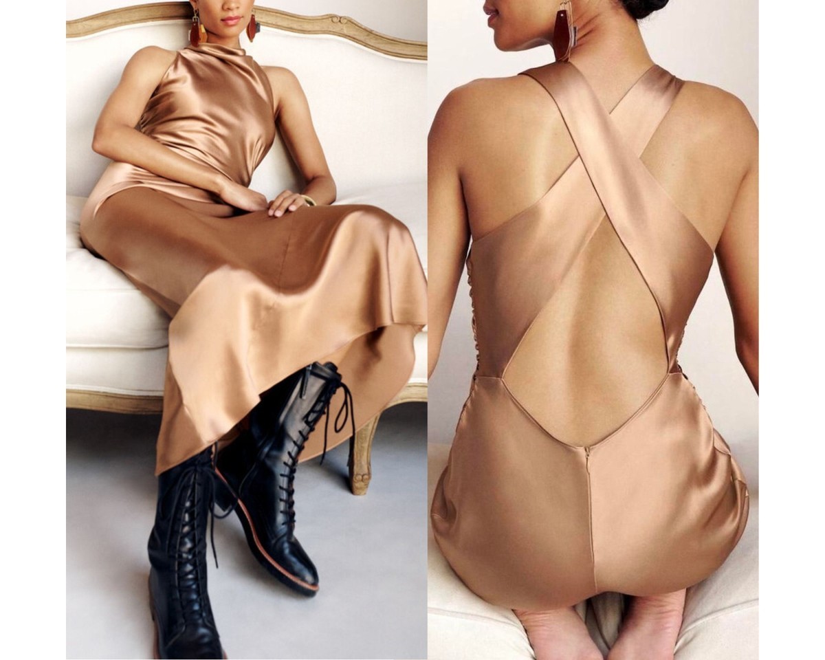 Reformation Casette Silk Midi Dress Croissant Brown Tan Open Back