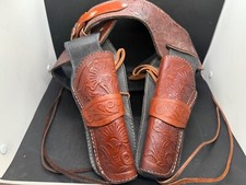 Adult 42" brown leather 2 gun holster, embossed details , Mexico