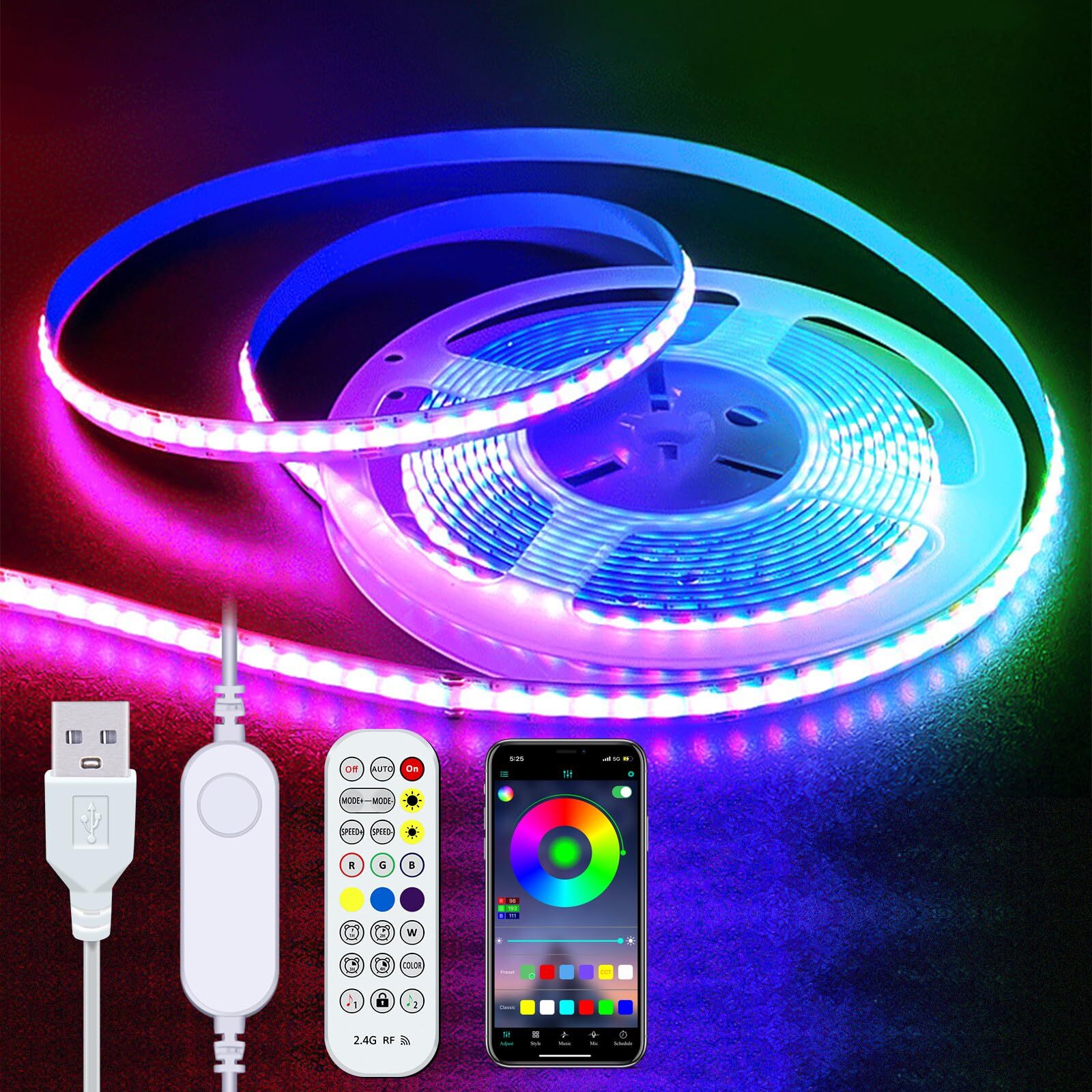 RGB COB LED Strip Lights 6.56ft 1152 LEDs 5V USB Color Changing Flexible Lighting-image