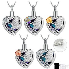 Crystal Heart Urn Necklace for Ashes for Women Butterfly Urn Cremation Jewelry